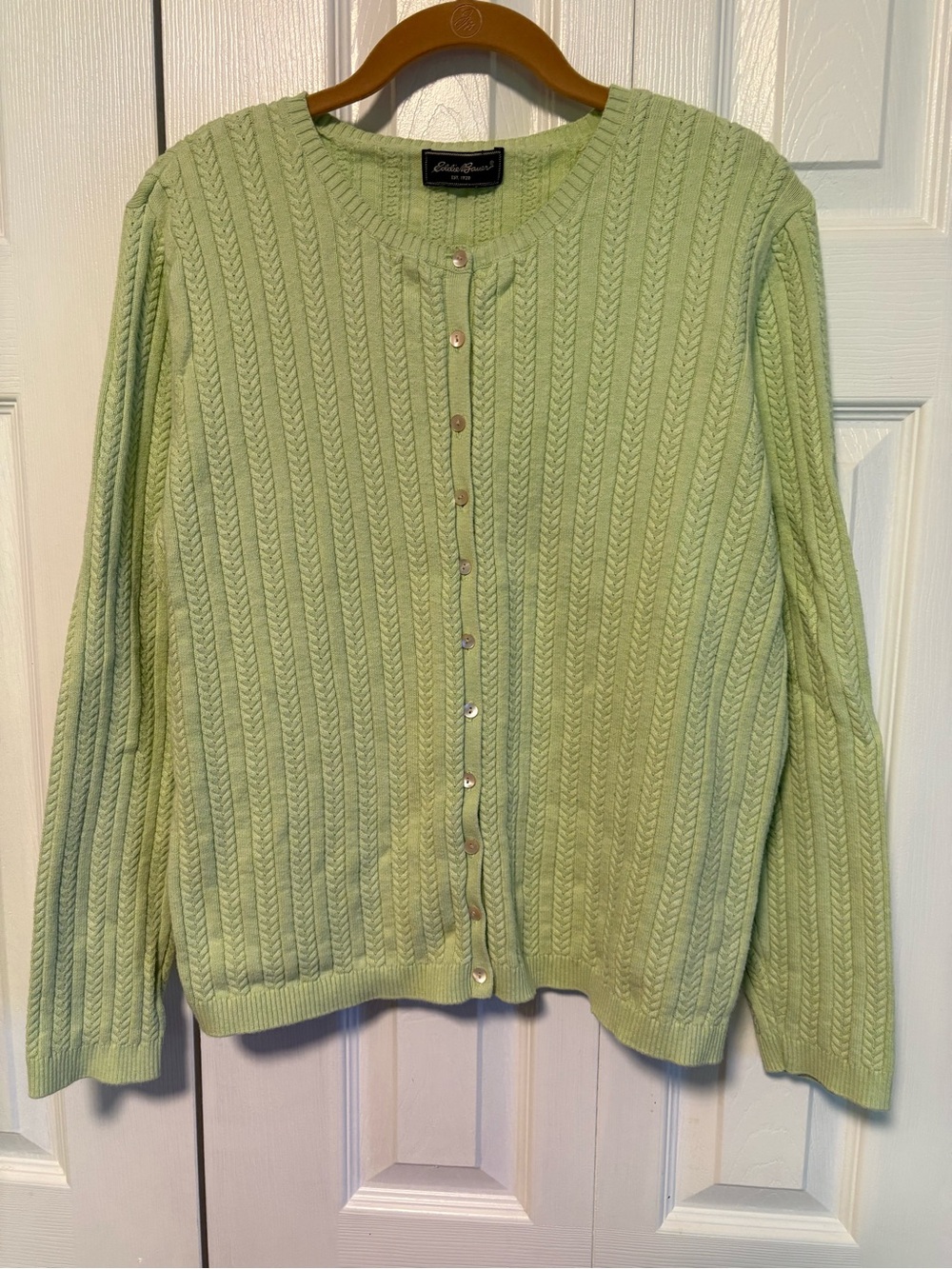 Eddie Bauer Light Green Cotton Cable-Knit Button Cardigan Sweater